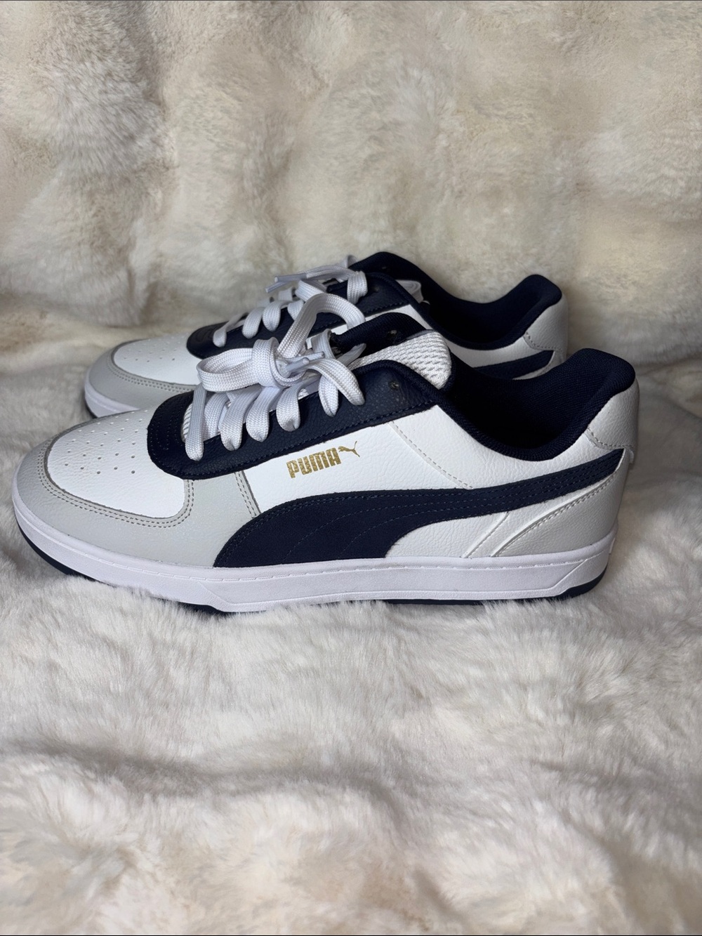Puma White and Navy Low-Top Sneakers with Gold Logo